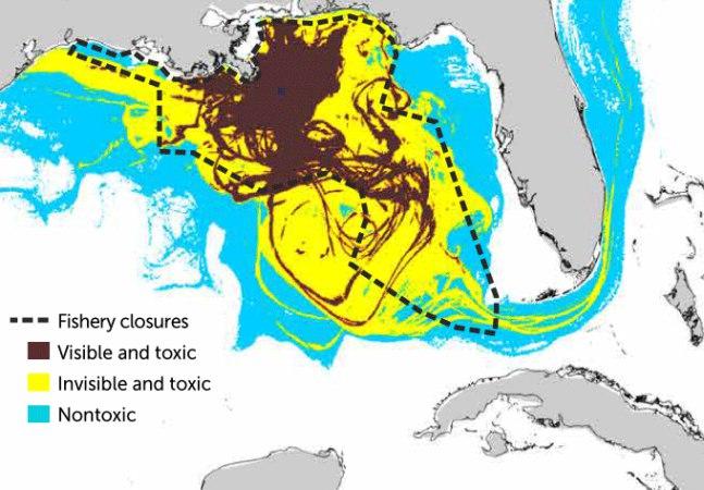 مناطق آلوده پیرامون منطقه نشت نفت از دکل دیپ واتر هوریزن در خلیج مکزیک در سال ۲۰۱۰ میلادی