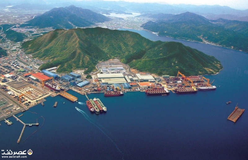 کارخانه کشتی سازی شرکت سامسونگ در جزیره «Geoje» در آب های جنوب کره جنوبی